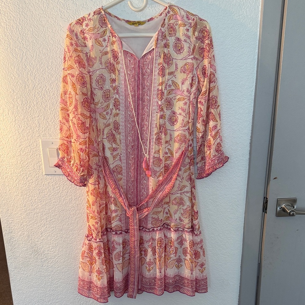 Global Desi Pink and Cream Floral Long Sleeve Dress